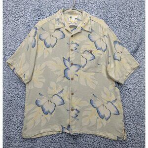 Banana Cabana 100% Silk Hawaiian Button Up Shirt Mens LG Floral Tropical Beige